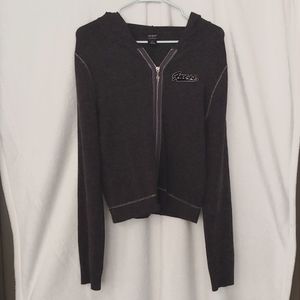 Guess Dark Gray Full Zipper Fitted Sweater Hoodie, Large (fits like Medium)